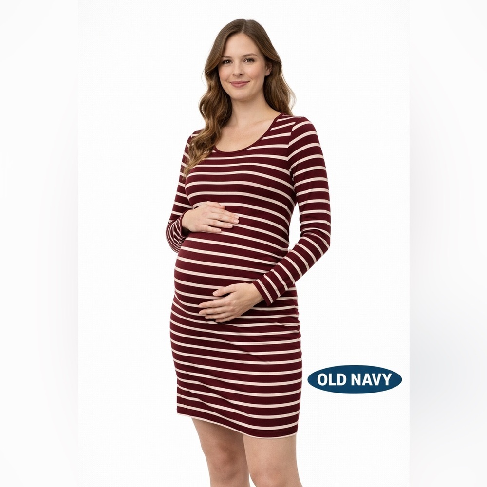 NWT Old Navy maternity long sleeve maroon white fitted dress size S